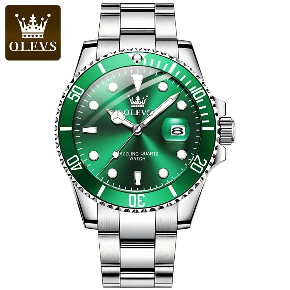 OLEVS Top Original Men Quartz Watch Green Waterproof Watch for Men Stainless Steel Quartz Men Luxury Watch Luminous Wristwatch